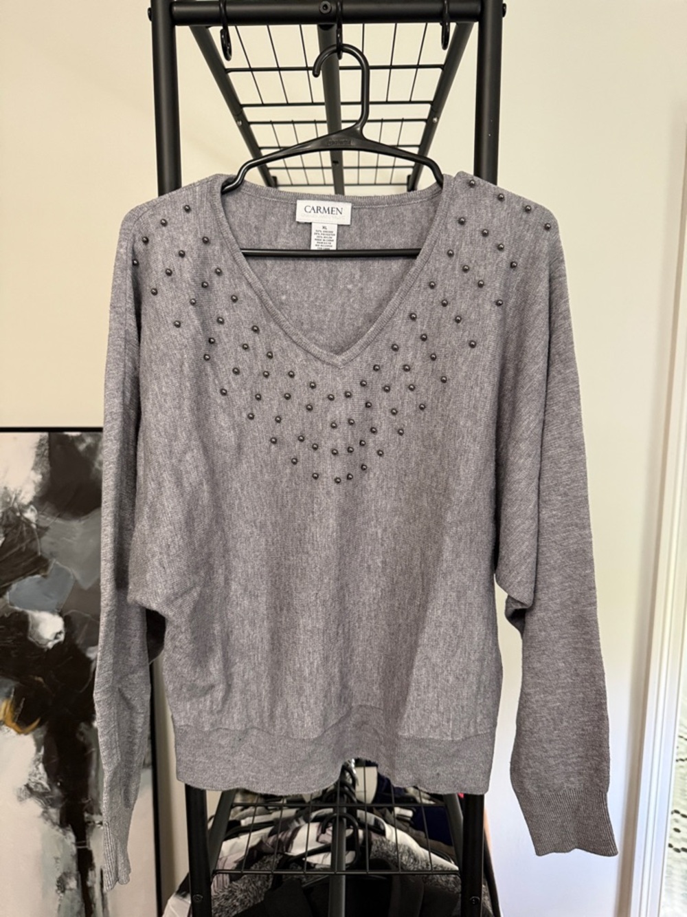 Carmen Marc Valvo Gray V‑Neck Sweater with Bead Embellishment